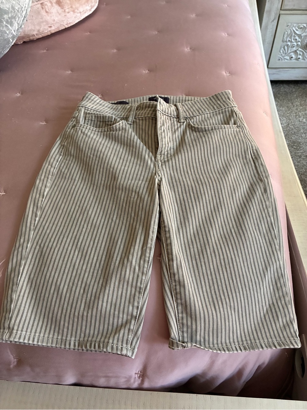 NYDJ Beige and White Striped Bermuda Shorts